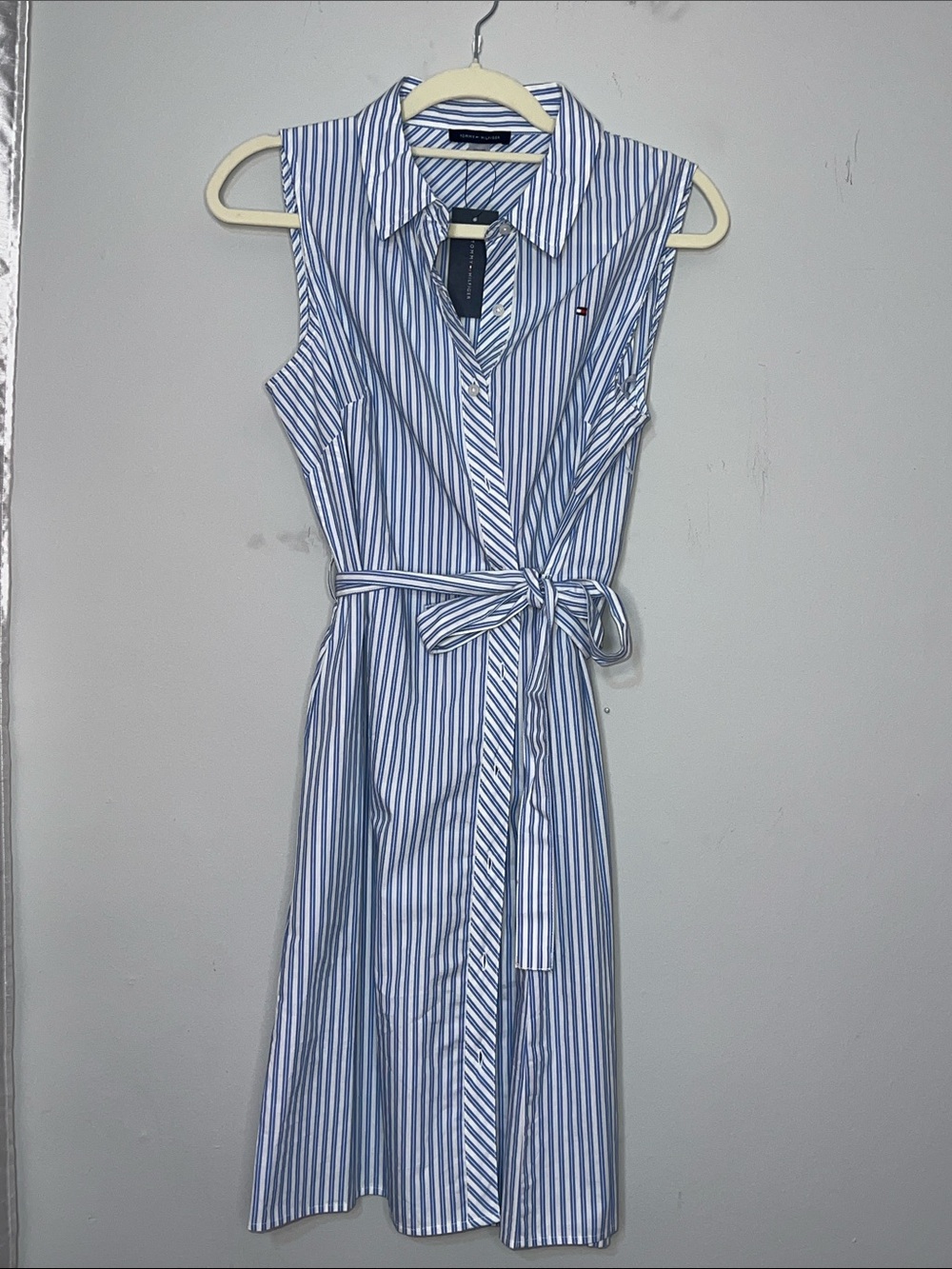 Tommy Hilfiger NWT Sleeveless Blue & White Stripe Shirt Dress with Tie Waist
